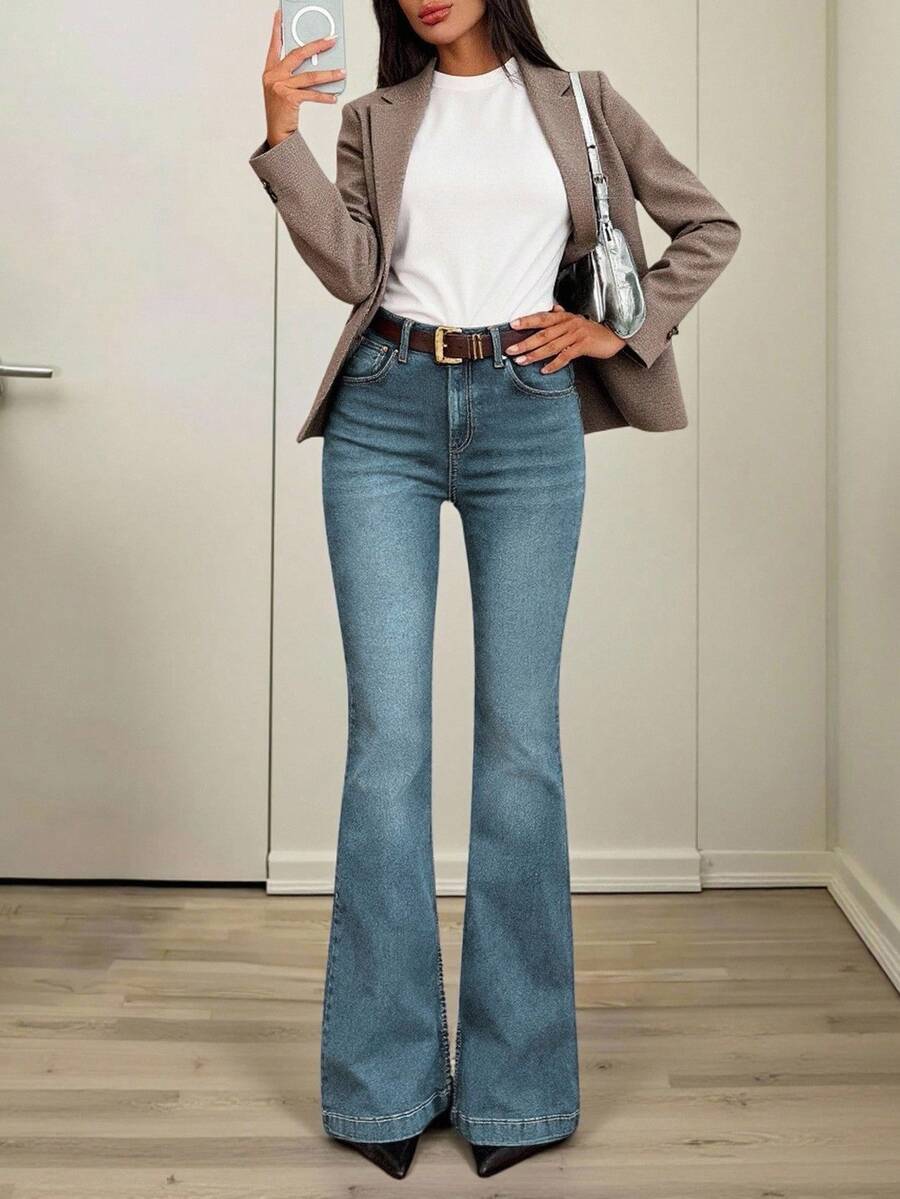 EURMUSE Slim Fit High Waist Flared Comfort Denim Jeans - Light Wash - View 1