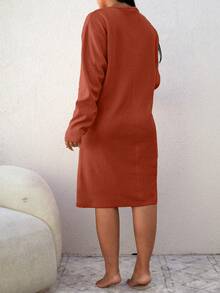 SHEIN Cottnline 100%Cotton Plus Letter Embroidery Half Button Nightdress - Rust Brown - View 2