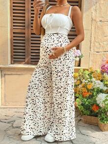 Lyckli Maternity Clothes Maternity Pants Summer Pregnant Clothes Apricot-Colored Maternity Pants With Leopard Print Wide-Leg Design, Suitable For Casual Vacations - Black - View 8