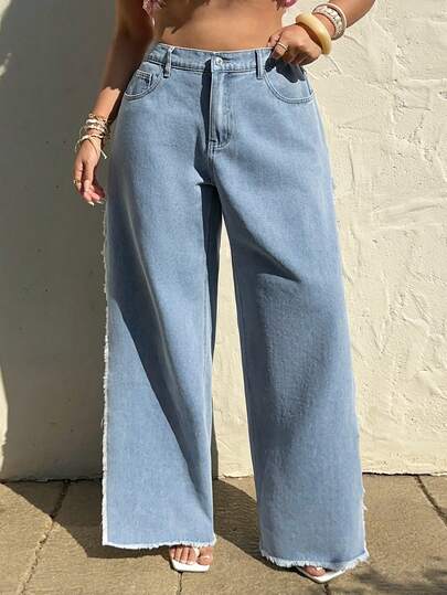 Sunnyshic Plus Size Women's Non-Stretch Straight Leg Jeans, Light Wash Denim High Slit Casual Cowboy Pants