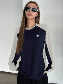 DAZY 拼色星星图案长袖T恤 Y2K，秋装 - 藏蓝色 - 查看 3