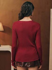 Anewsta Fine Merino Wool Turtleneck Comfortable Ribbed Elastic Knit Sweater - Red - View 7
