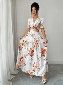 GlowEve Đầm ngắn tay in hoa thanh lịch dành cho nữ, thích hợp cho mùa xuân/hè. - trái cam - Xem 6