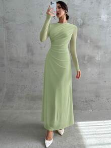 女士优雅正式办公通勤休闲度假派对复古教师秋季网纱纯色圆领腰部褶裥A字长袖连衣裙，浅黄色 - 綠色 - 查看 8