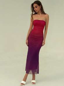 Aloruh 优雅渐变色抹胸连衣裙，休闲及派对装 - 酒紅色 - 查看 3