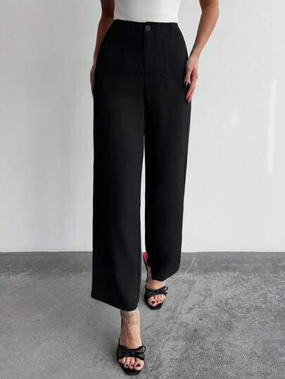 Firerie Women's Elegant Casual Loose Pants, Black Mid-Waist Straight Leg Trousers, Suitable For Work, Daily Wear, Spring/Summer