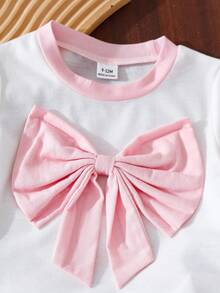 Bộ 2 món áo ngắn tay và quần short cho bé gái, áo thun hồng có nơ phối với quần short viền tương phản, họa tiết thêu, trang phục mùa hè ngọt ngào và thoải mái. - Hồng - Xem 7