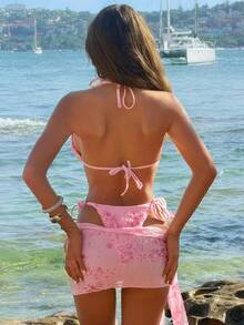 Bonvoyette 闪亮亮片吊带金属环设计度假沙滩比基尼套装 - 粉色 - 查看 2