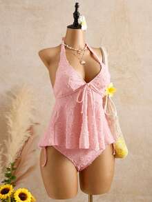 Bellisia Women's Relaxed Vacation Polka Dot Textured Fabric Camisole Bikini Top - Pink - View 4