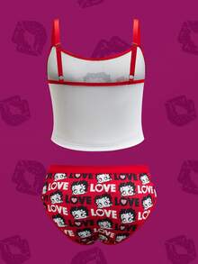 Betty Boop x SHEIN 加大码舒适卡通肖像图案吊带背心和内裤套装，夏季 - 紅白色 - 查看 2