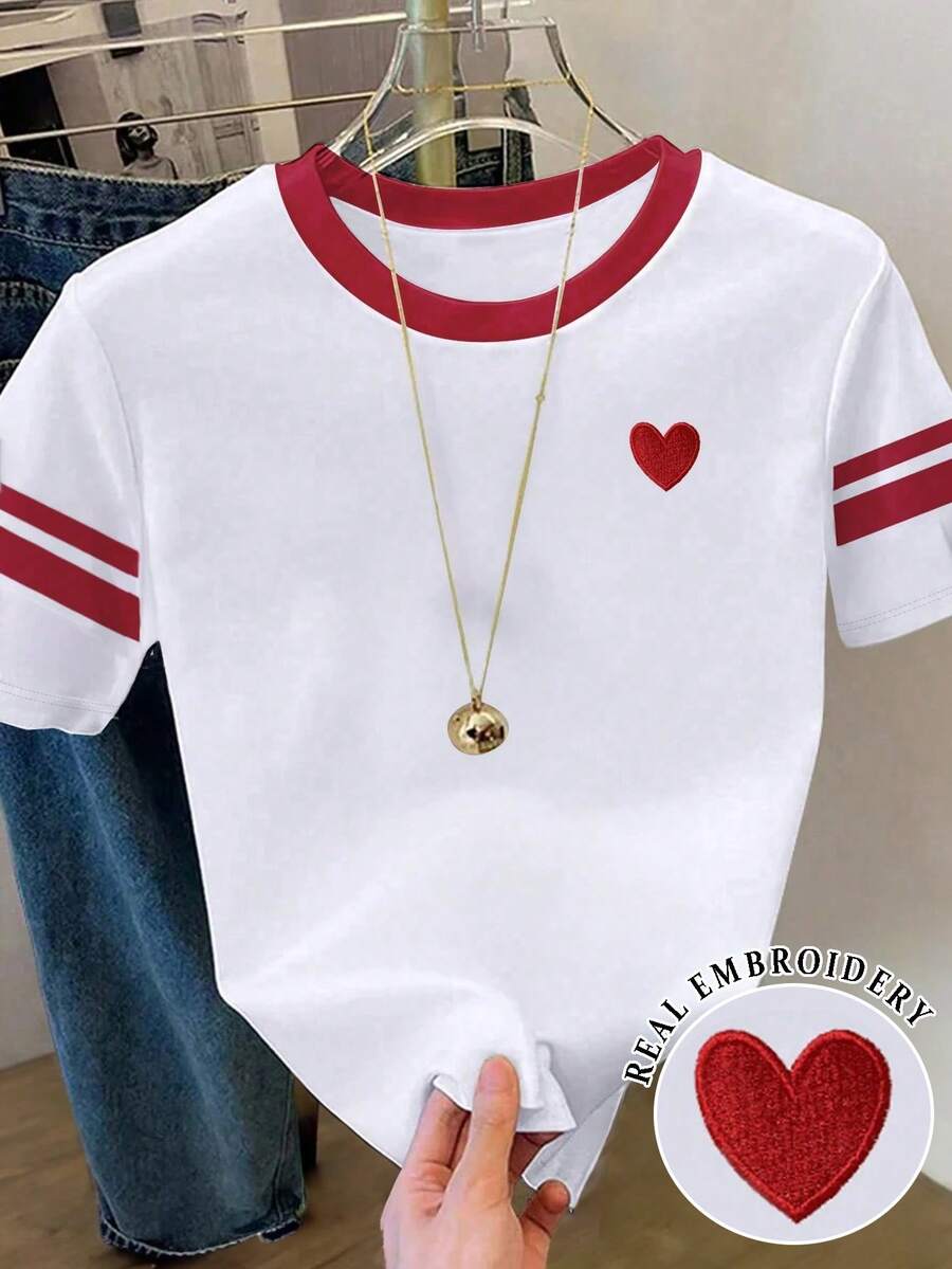 Resyla Plus Size Embroidered Heart Contrast Trim Round Neck Short Sleeve Casual T-Shirt - White - View 1
