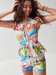Soleia Women's Vacation Sun Face Print Tie Front Sleeveless Top And Shorts Casual 2 Pieces Set - Multicolor - View 7