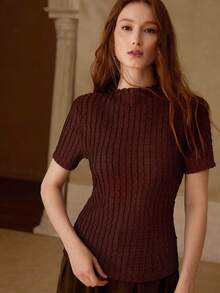 MOTF PREMIUM WOMEN'S ROMANTIC TEXTURED SHORT SLEEVE T-SHIRT, SPRING/SUMMER - Coffee Brown - View 4