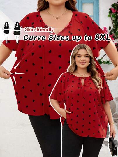 SHEIN CURVE+ Curve Size US22Music Festival, Seaside Vacation, BohemiaCURVE PLUS / / Ruffled Heart-Shaped Spring And Summer Shirts, Shirts
