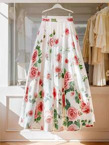 GlowEve Elegant Commuter Floral Print Skirt - Red - View 1