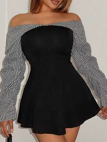 Maria Perezxox 女式秋冬学院风简约巴多褶饰腰部撞色迷你连衣裙，凸显身材 - 黑色 - 查看 6