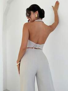 Firerie Women's Elegant Minimalist Fashion Commuter Urban Chic Casual Street Style New V-Neck Button Backless Belt Cropped Vest And High Waist Wide Leg Pants Khaki 2-Piece Set - Khaki - View 8