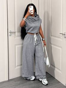 BamGleam Damen einfarbige Jogginghose mit Kordelzug in der Taille, vielseitig für den täglichen Gebrauch, weite Beine - Grau - Übersicht 3