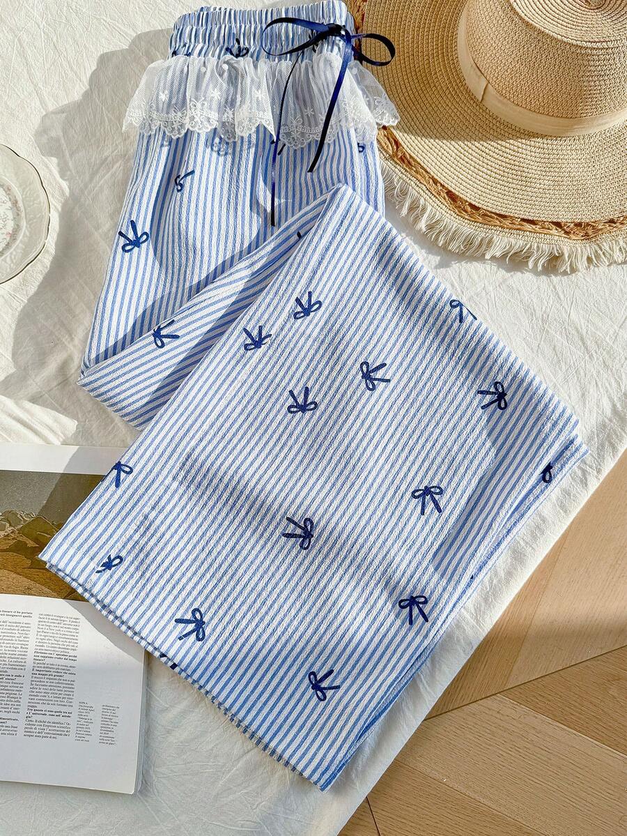 Modelyn Women's Summer Vacation Casual Striped Bow Print Pants - Multicolor - View 1