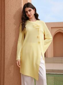 Graceveil 1pc Women's Solid Color Round Neck Textured 3D Floral Split Asymmetrical Long Sleeve T-Shirt - Yellow - View 8