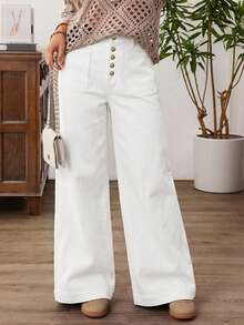 EMERY ROSE Quần jean ống rộng dáng suông thoải mái dành cho nữ cỡ lớn, có cúc cài phía trước và túi hai bên. - Màu be - Xem 1