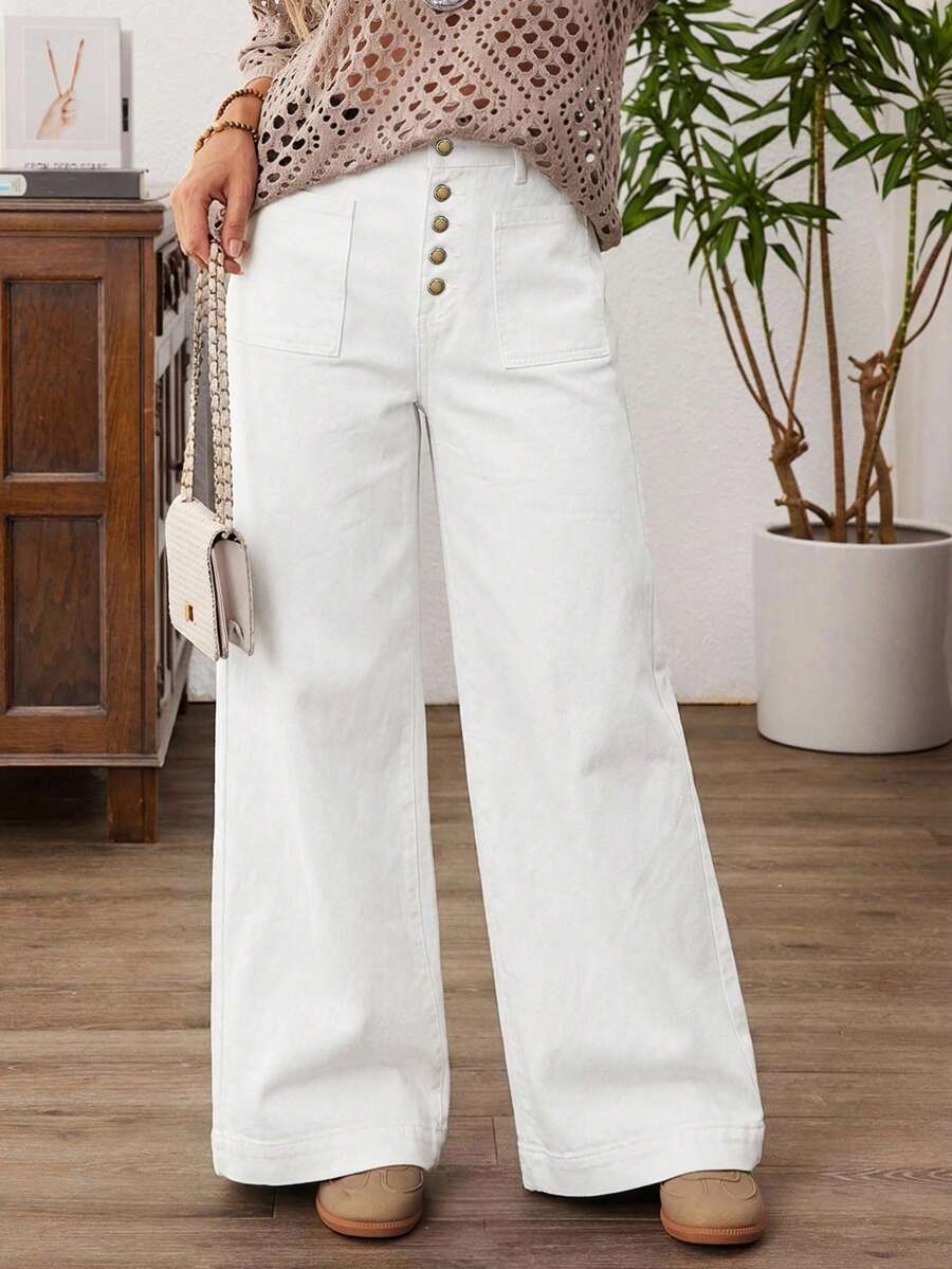 EMERY ROSE Quần jean ống rộng dáng suông thoải mái dành cho nữ cỡ lớn, có cúc cài phía trước và túi hai bên. - Màu be - Xem 1