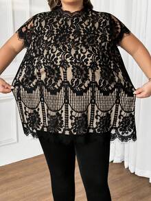SHEIN CURVE+ 大码优雅蕾丝拼接雪纺衬衫 - 黑色 - 查看 11