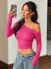 SHEIN EZwear Rose Red Women's New Oblique Shoulder Ruched Long Sleeve T-Shirt - Hot Pink - View 5