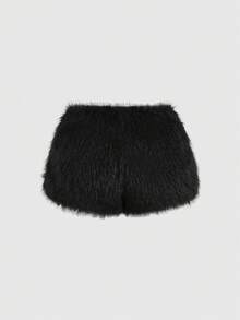 ROMWE Grunge Punk Quần short mini giả lông thú gợi cảm kiểu Y2K với cạp siêu thấp. - màu đen - Xem 2