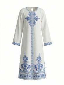 Tween Girls Classic Elegant Vintage Floral Embroidered Print Dress, Casual Minimalist Traditional Arabian Robe, Modest Long Sleeve Dress, Prayer Abaya, Comfortable And Easy To Wear, Casual Everyday Style, Resort-Inspired, Modest Kaftan, Girls' Jalabiya, Children's Jalabiya - Multicolor - View 2