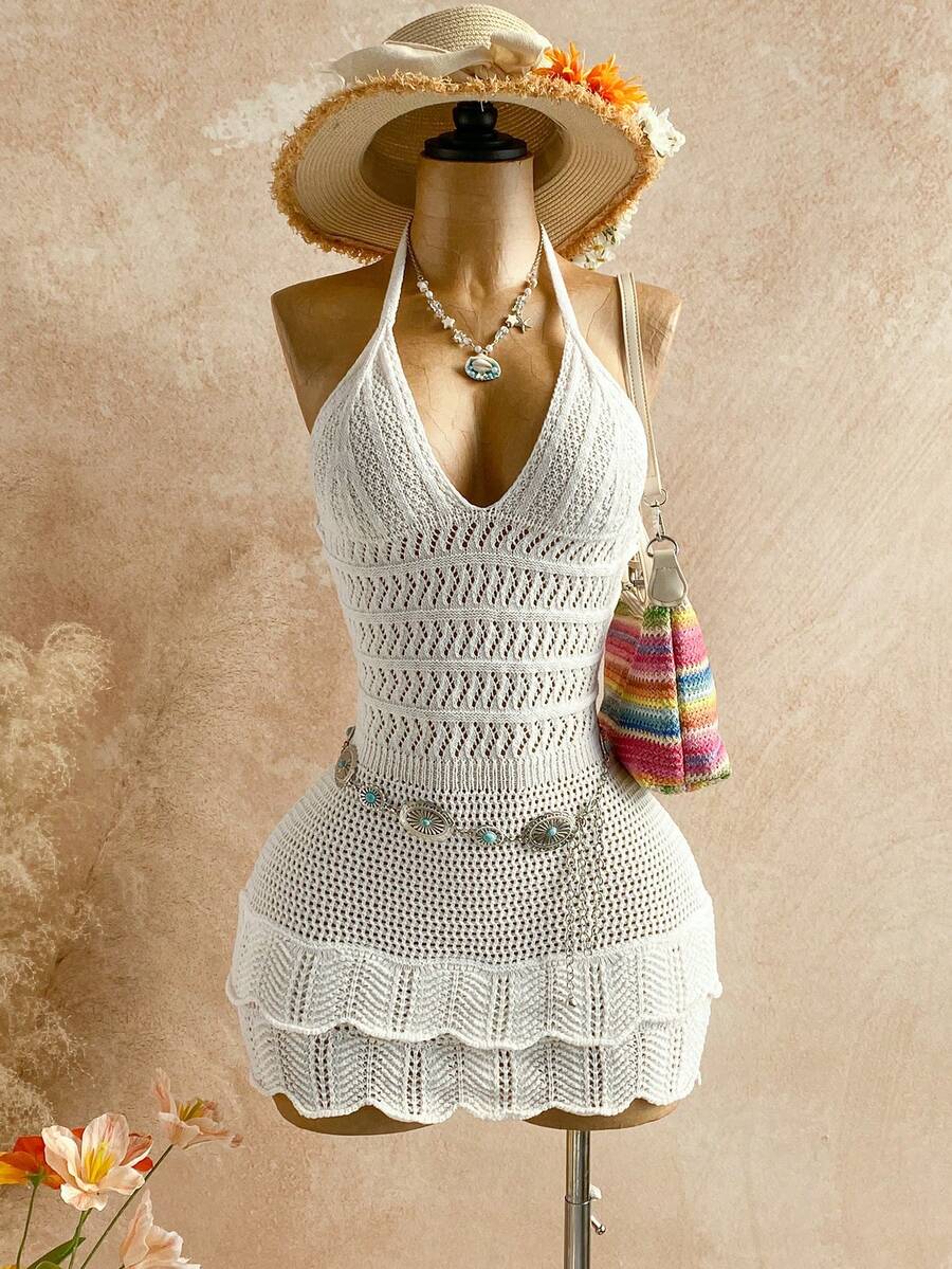 Soleia 女士度假渐变针织深V领露背性感紧身迷你连衣裙，荷叶边下摆，时尚百搭，适合派对、约会、下午茶、波西米亚海滩等场合。 - 白色 - 查看 1