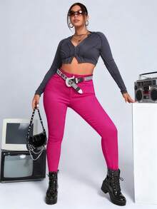SHEIN ICON Plus Size Women High Waist Pockets Skinny Casual Versatile Denim Jeans - Hot Pink - View 5