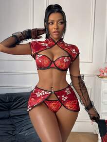 4pcs Sexy Printed Underwire Push-Up Hollow-Out Lingerie Set - Multicolor - View 3