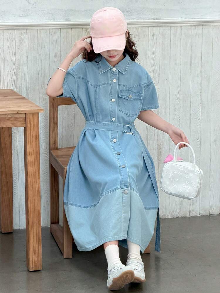 Tween Girls Denim Dress With Collar, Short Sleeve