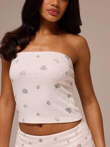 MUSERA ESSENTIALS Blümchen bedruckter Pointelle Bandeau-Top mit umklappbaren Mini-Shorts, 2 Stücke Set, Frühling Winter, gemütlich, süß, täglicher Mädchen-Loungewear Grundbedarf - Verschiedenfarbig - Übersicht 2