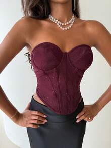 Aloruh 情人节红色性感抹胸上衣，纯色紧身胸衣，Y2K闪光针织露脐上衣 - 紅色 - 查看 4
