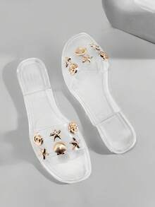 Solezae Sandalias planas de gelatina con adorno de concha marina y estrella de mar, de punta cuadrada para mujer - transparente - Ver 7