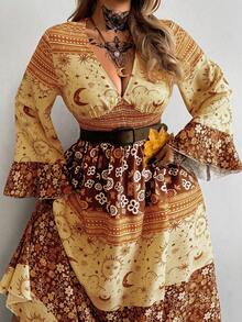 Whyspr Đầm dáng rộng, in họa tiết toàn thân, tay xòe, thích hợp cho kỳ nghỉ hè, cỡ lớn, phong cách thường ngày, mùa thu. - Nhiều màu - Xem 4