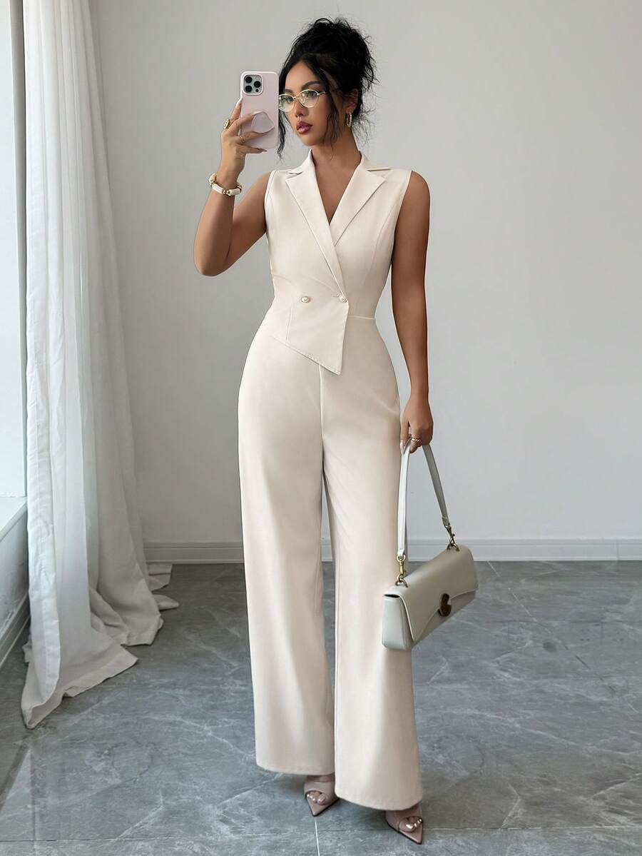 Elenzga New Women's Notched Collar Sleeveless Cinched Waist Double-Breasted Jumpsuit, Versatile For Daily Wear And Commute, Young And Elegant, Slimming, Straight Leg - Apricot - View 1