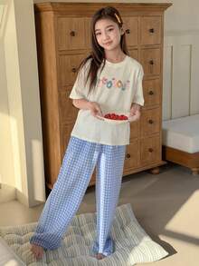 DAZY Tween Girl Letter & Cartoon Print Round Neck Drop Shoulder T-Shirt And Plaid Pants Set - White - View 3