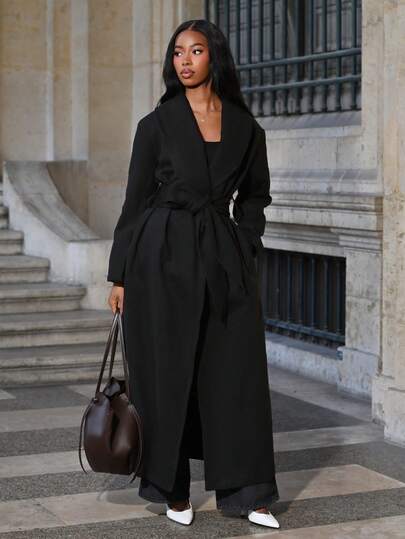 Mima John 秋冬长款纯色腰带口袋优雅宽松舒适长袖夹克