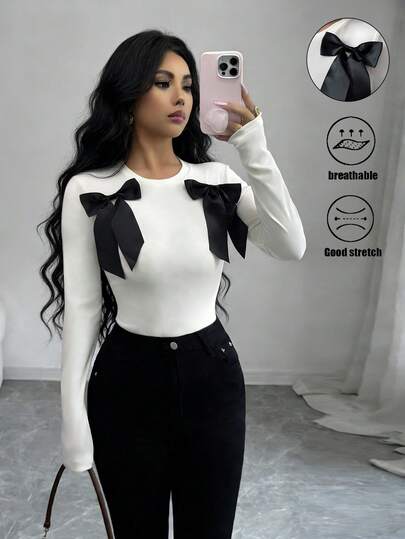 SHEIN Raffinéa Women's Casual Oversized Bow Decor Long Sleeve Round Neck T-Shirt Bows On Clothes Classy Top Bow Top