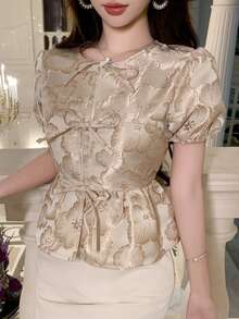 DAZY 春夏休闲优雅蝴蝶结系腰圆领女式衬衫，适合约会、婚礼、通勤等场合。 - 金色 - 查看 6