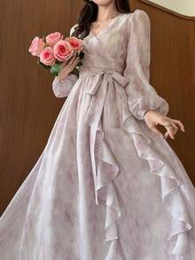 DAZY Women's Tie-Dye Overlapping V-Neck Lantern Sleeve Ruffle Hem Elegant Dress - Pink - View 2