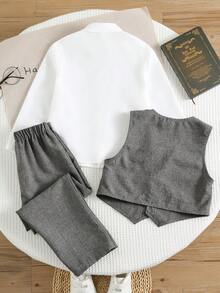 SHEIN 3pcs Young Boy Gentleman Outfit: Gray Vest, Elastic Waist Pants, Bow Tie & Long Sleeve Shirt, Cute Spring/Summer For Toddler Boys - Grey - View 2