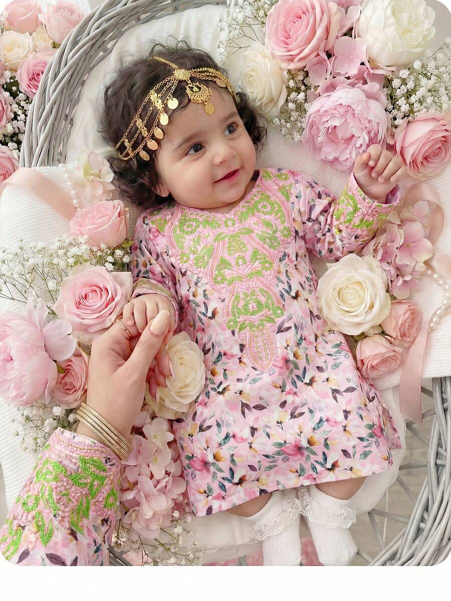 SHEIN Newborn Baby Girl Cute Floral Print Loose Long Sleeve Dress,Kids - Multicolor - View 1