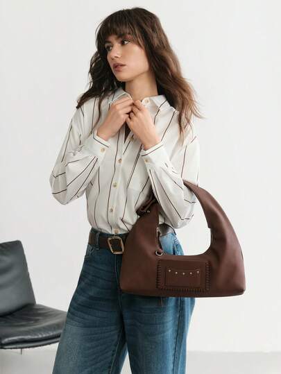 SHECARRY 1pc Women's Shoulder Bag, Faux Suede Material, Adjustable Strap, Rivet Decor