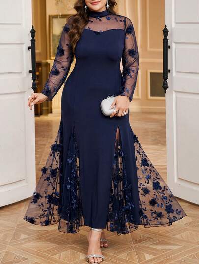 SHEIN Clasi 大码女式优雅花卉装饰网纱拼接高领长袖连衣裙