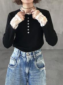 FRIFUL Women's Contrast Color Patchwork Sheer Lace Contrast Button Ribbed Fabric Slim Fit T-Shirt, Suitable For Spring - Black - View 2