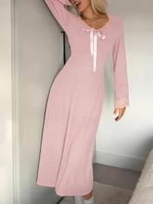 DAZY 女士浪漫束腰蕾丝拼接磨毛长款睡裙，秋冬款 - 粉色 - 查看 4